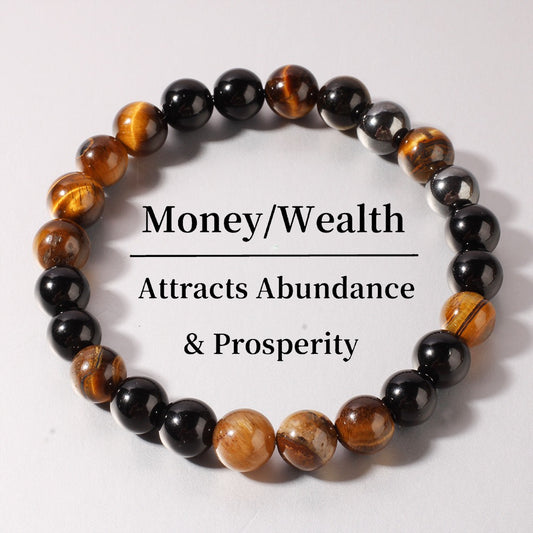 2pcs Money Wealth Bracelet - Tiger's Eye Black Stone Natural Beaded Bracelet for Abundance, Prosperity & Success