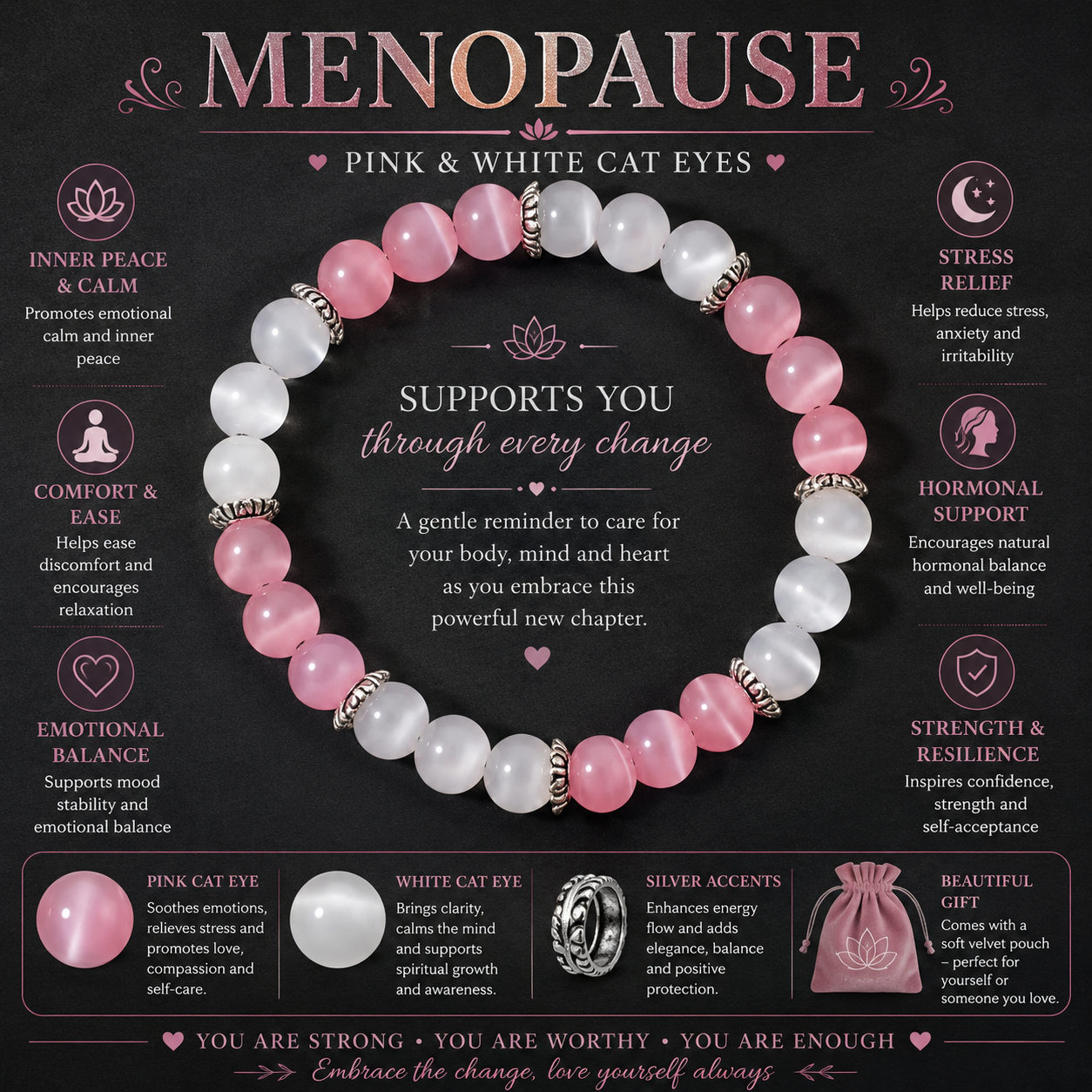 Menopause Harmony Bracelet™ | Pink & White Cat's Eye Wellness Bracelet