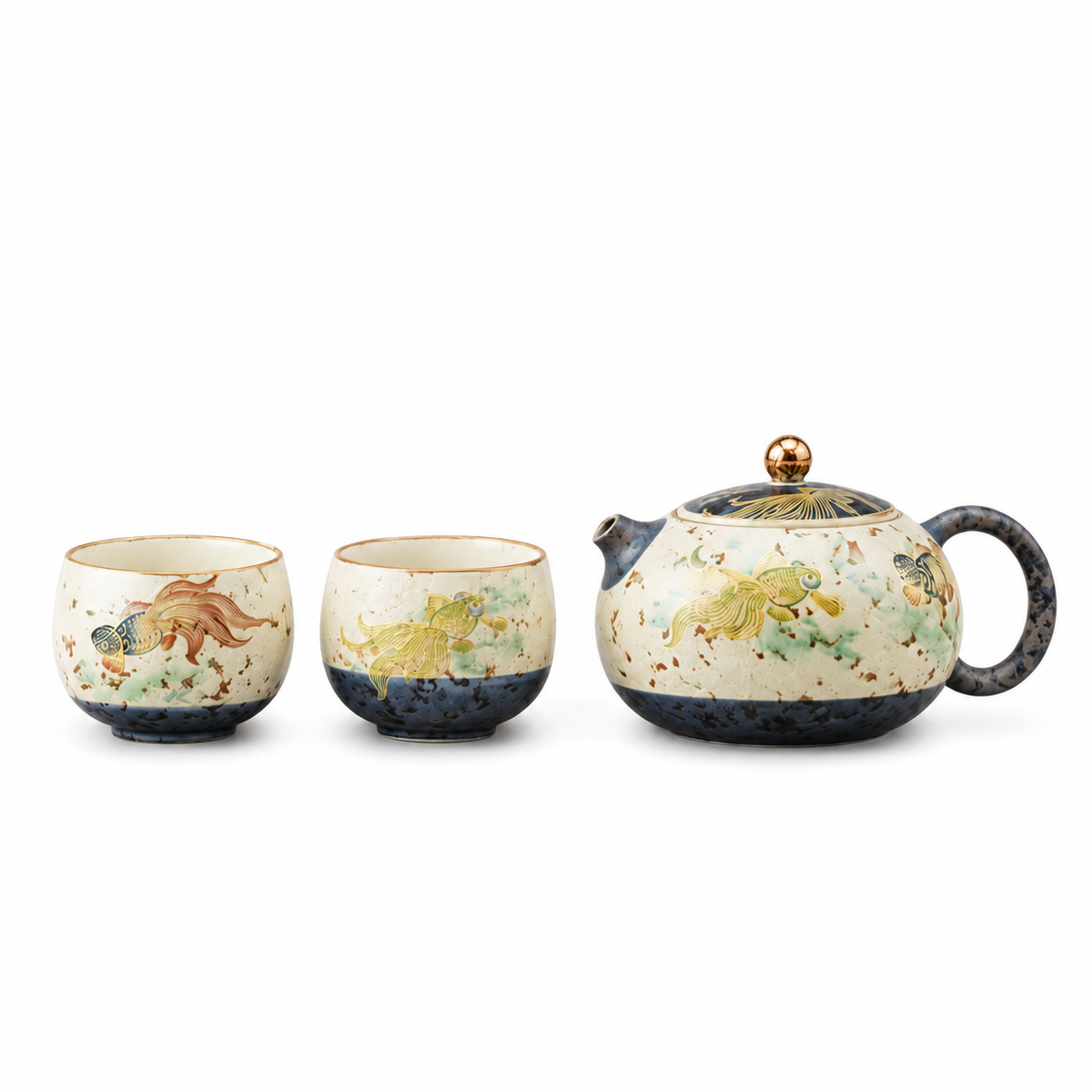 Koi Caramel Glaze tea set with Xishi-style teapot and two matching tea cups
