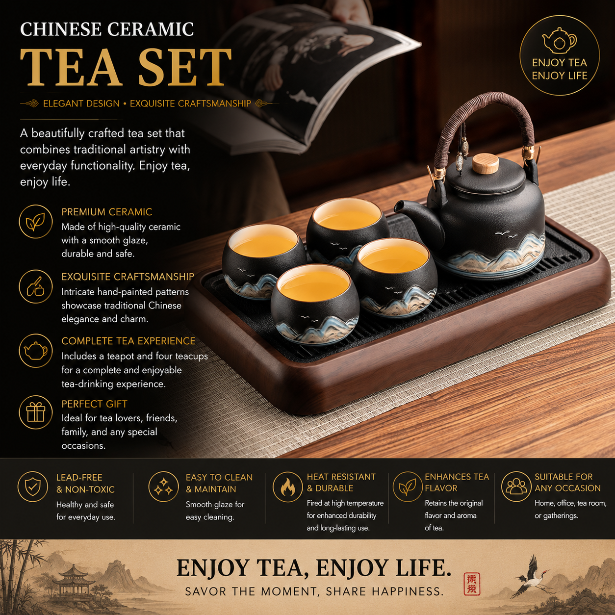Mountain Mist Harmony Tea Ceremony Set™ | Handcrafted Ceramic Teapot Set with Serving Tray