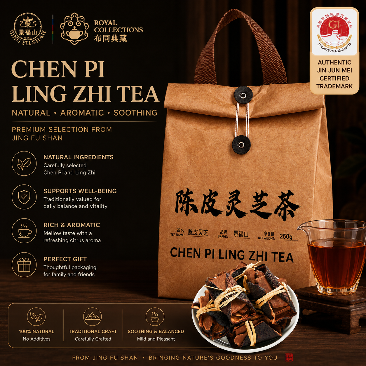 Chen Pi Ling Zhi Tea – Traditional Chinese Reishi & Aged Tangerine Peel Wellness Tea for Digestion, Relaxation & Inner Balance