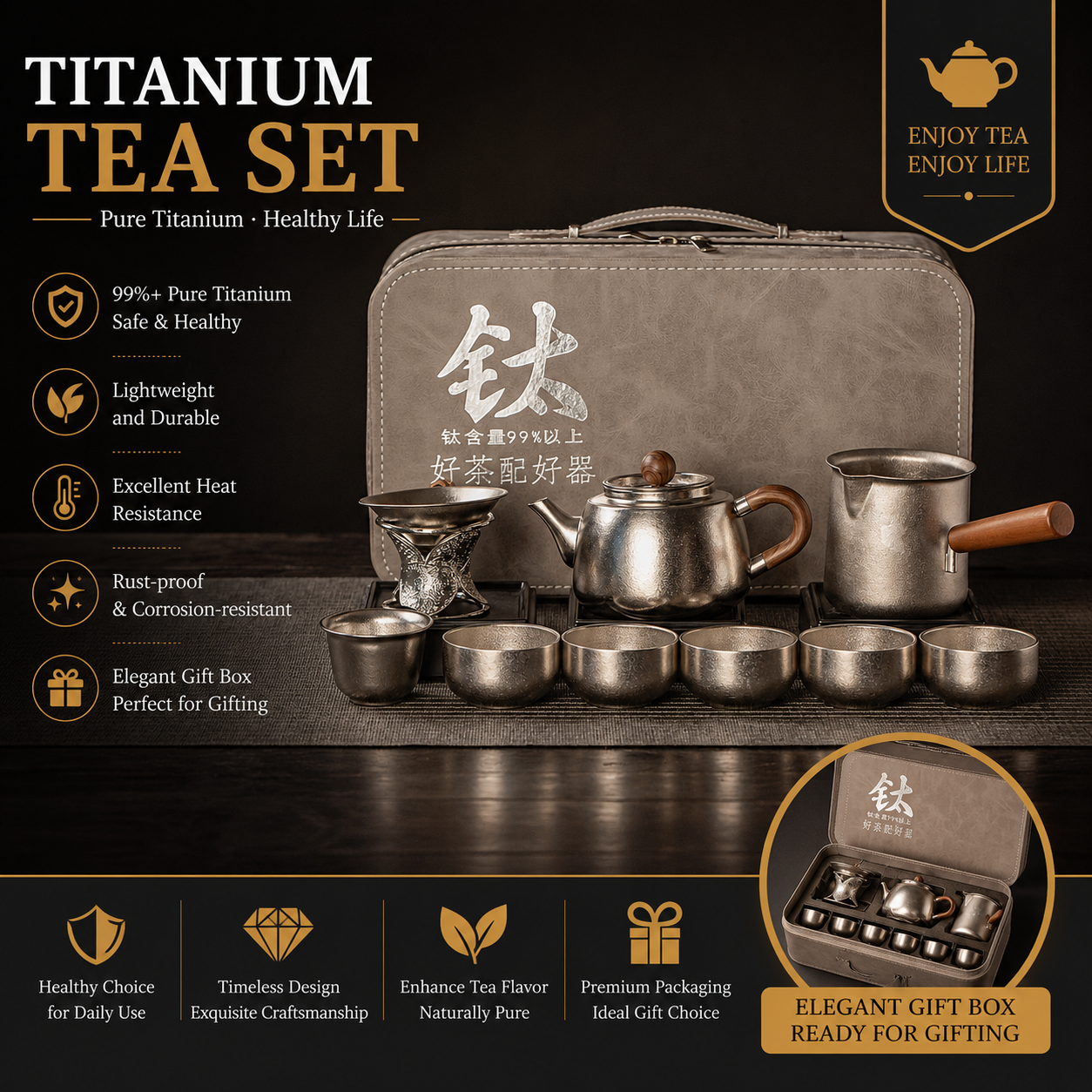 Titanium Harmony Travel Tea Set | 99% Pure Titanium Gongfu Tea Set