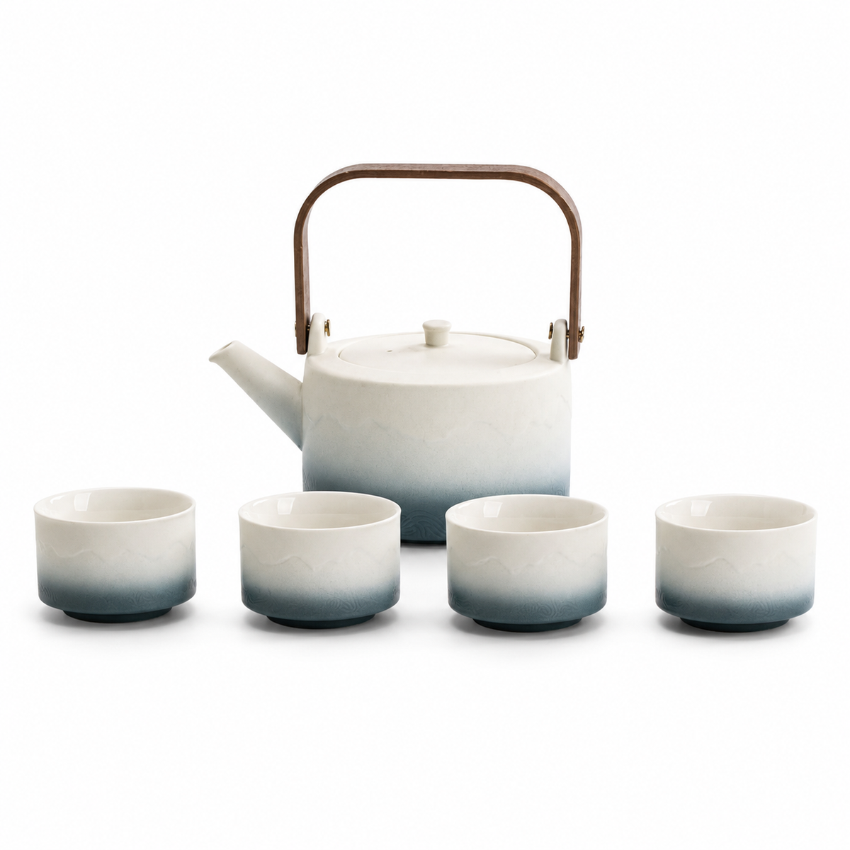 Canglan Gradient tea set with 700 mL ivory and ocean blue overhead-handle teapot and four matching 100 mL tea cups