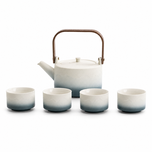 Canglan Gradient tea set with 700 mL ivory and ocean blue overhead-handle teapot and four matching 100 mL tea cups