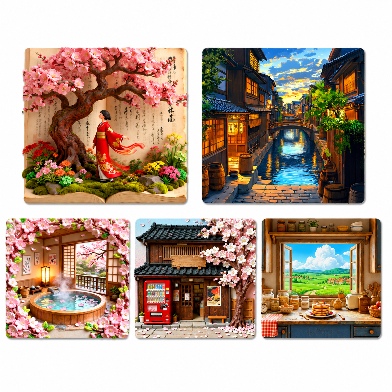 Japan Serenity &amp; Sakura Fridge Magnet Collection™ (Set of 5) Kyoto Blossom Garden • Kyoto Canal Nights • Hakone Onsen • Kyoto Sakura Street • Hokkaido Countryside