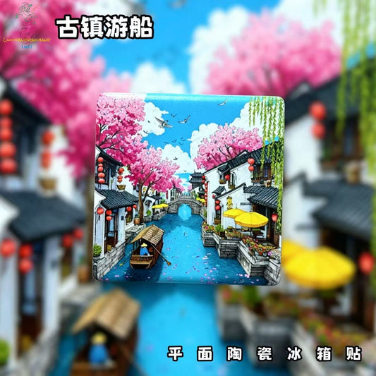 Ancient Water Town Boat Ceramic Fridge Magnet – Chinese Canal Village Refrigerator Magnet, Oriental Cottagecore Home Decor Gift