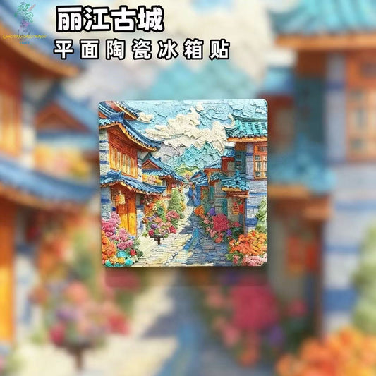 Lijiang Ancient Town Ceramic Fridge Magnet – Chinese Old Town Refrigerator Magnet, Oriental Cottagecore Home Decor Gift