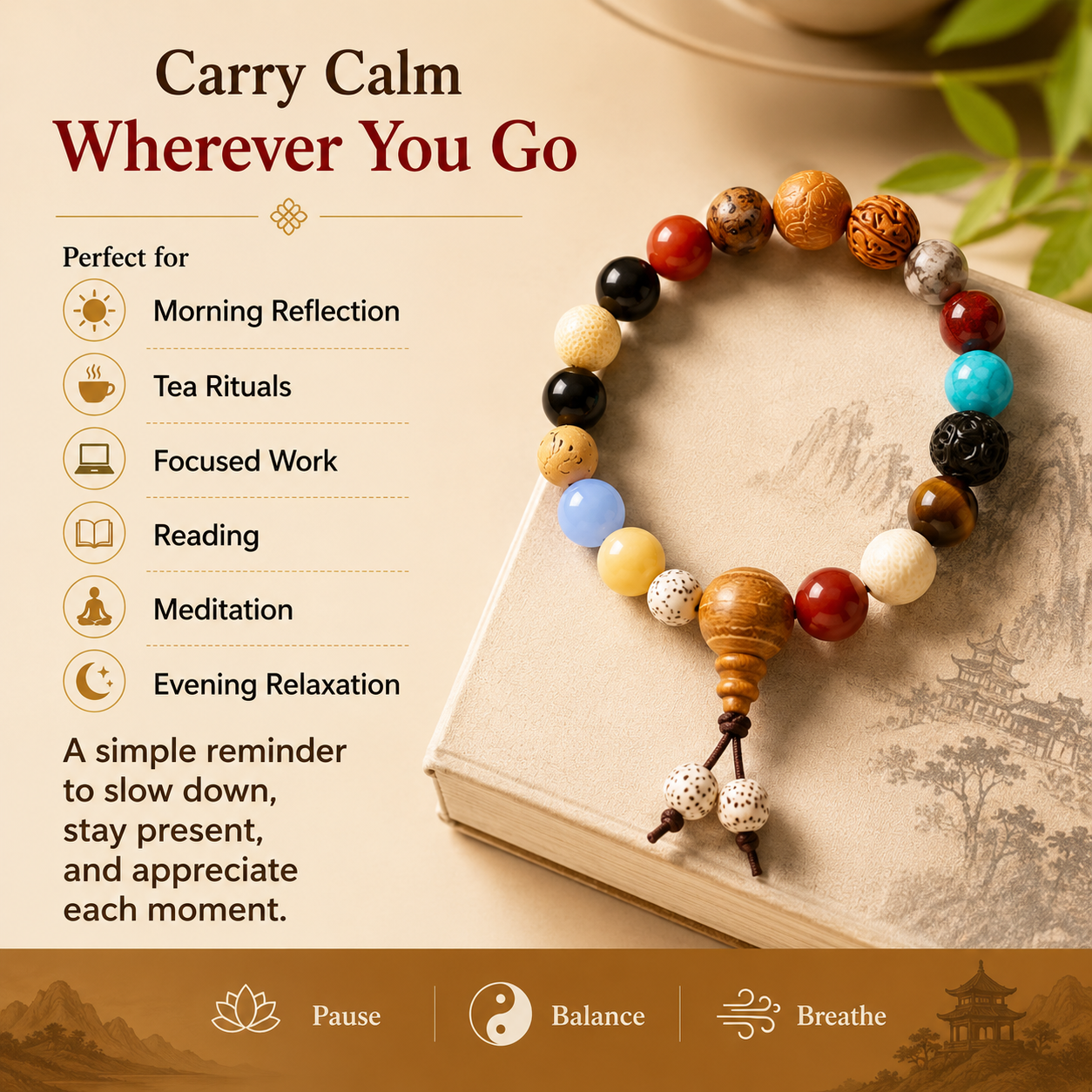 Natural Bodhi Seed Bracelet with Wood &amp; Gemstone Accents