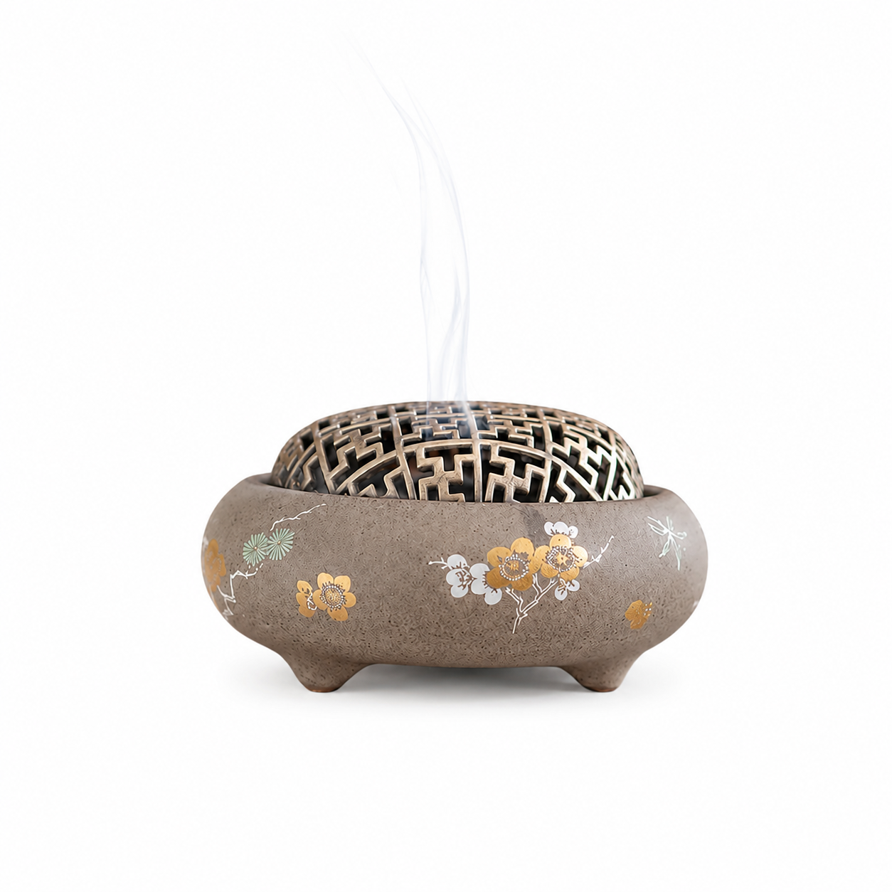 Handcrafted ceramic Plum Blossom Incense Burner with elegant floral artwork and decorative metal incense holder, inspired by traditional Chinese craftsmanship for meditation, tea ceremonies, and Zen home décor