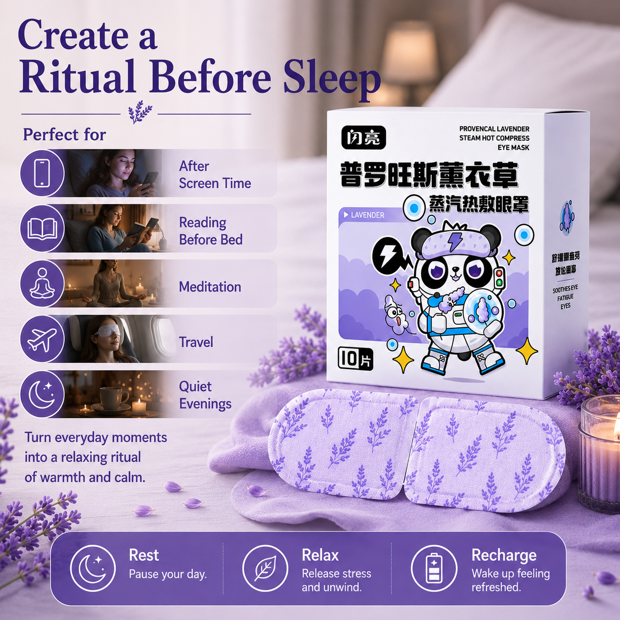Lavender Steam Eye Mask – Self Heating Herbal Sleep Eye Mask for Eye Fatigue, Stress Relief, Deep Relaxation & Bedtime Wellness