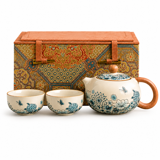 Dunhuang Floral Ceramic Teapot Tea Set™ | Chinese Tea Gift Set with Wooden Handle