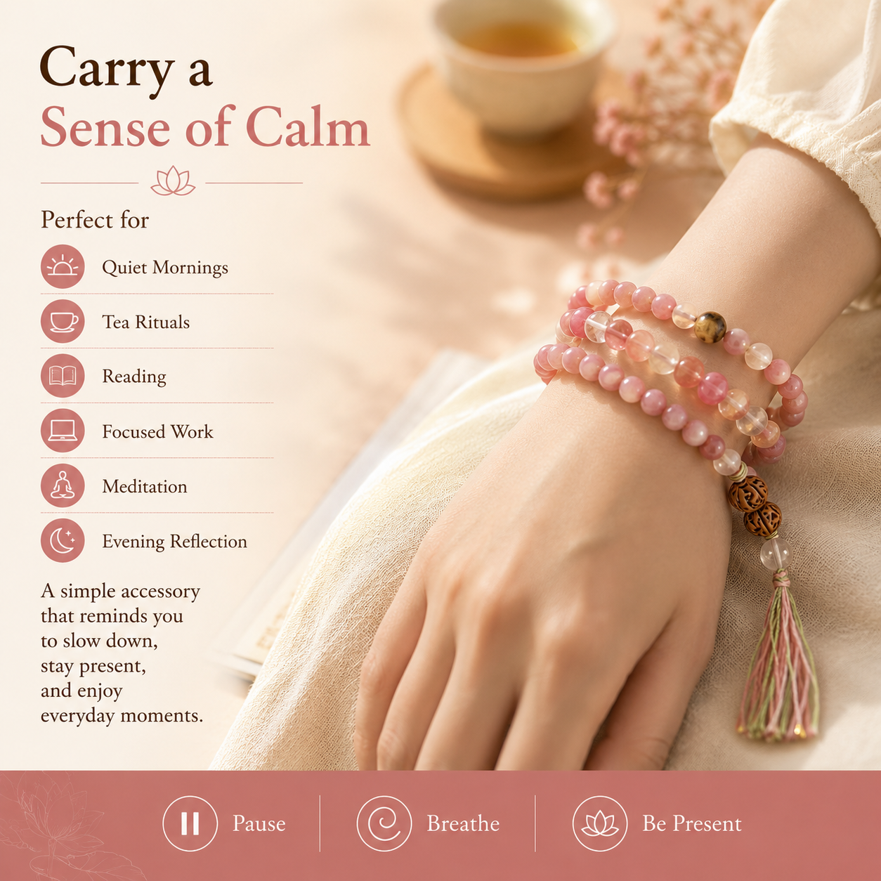 Pink Crystal Meditation Mala Bracelet