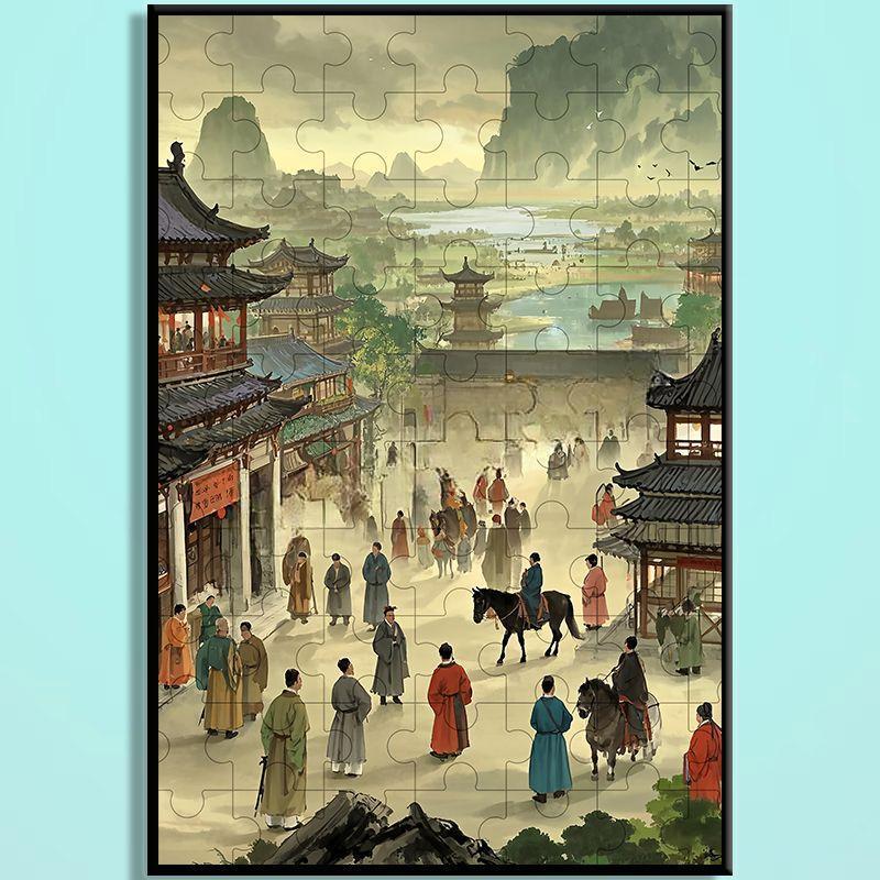Tang Dynasty Chinese Wooden Jigsaw Puzzle – Ancient Chinese Cityscape Puzzle, Guochao Art Puzzle, Premium Wooden Wall Decor For Adults