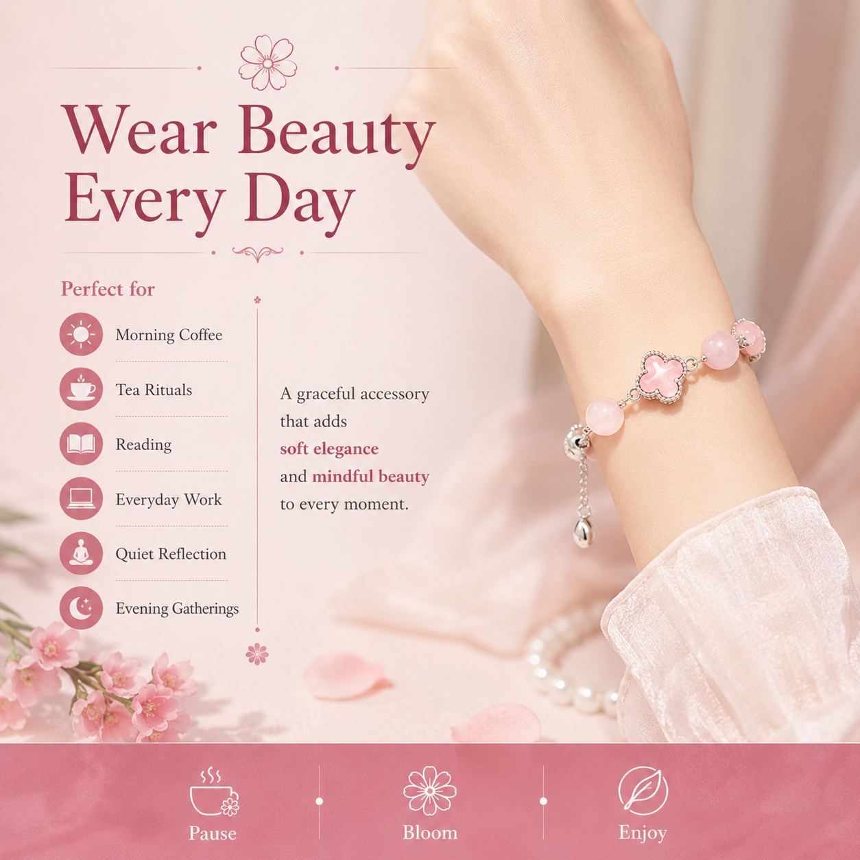 Rose Quartz Four-Leaf Clover Bracelet