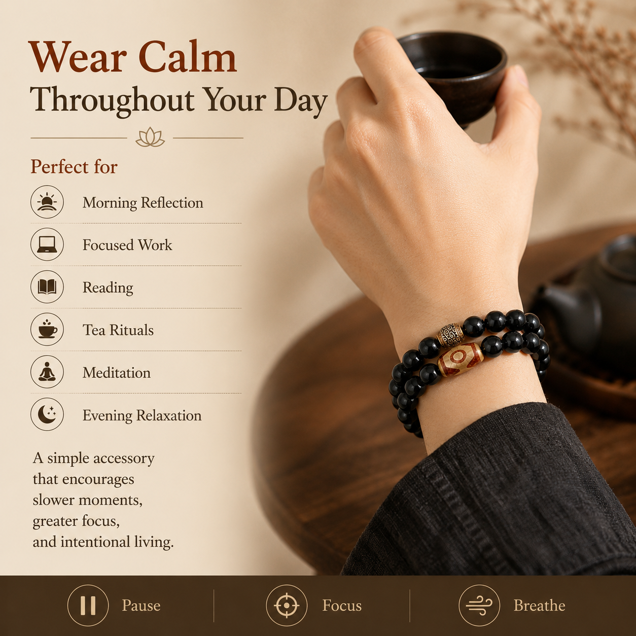 Black Sandalwood & Dzi-Style Bracelet
