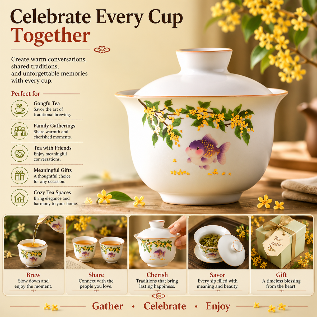 Osmanthus & Lucky Goldfish Porcelain Gaiwan Tea Set™