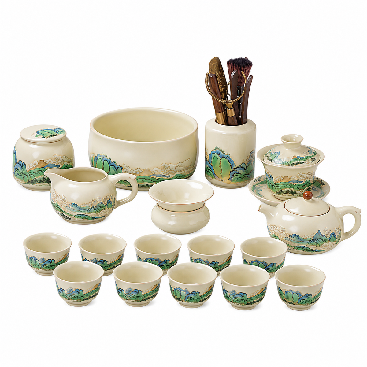 Thousand Li Landscape Ru Ware Gongfu tea set with teapot, gaiwan, fairness pitcher and eight tasting cups