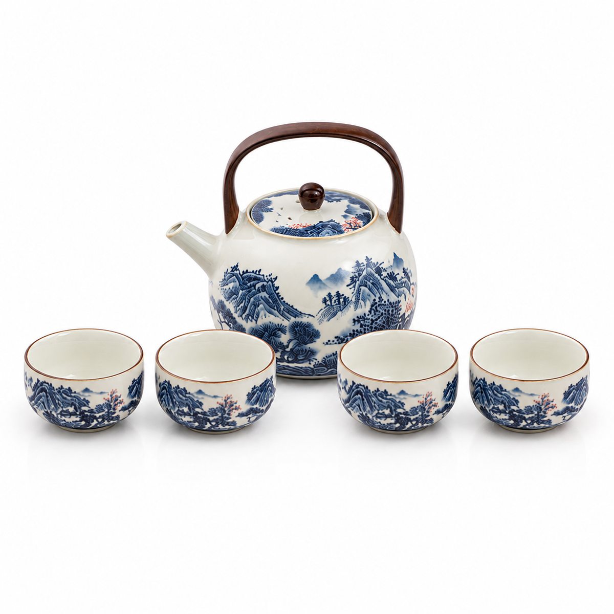 Blue Mountain Dwelling Ru Ware tea set with 180 mL overhead-handle landscape teapot and four matching 50 mL tea cups