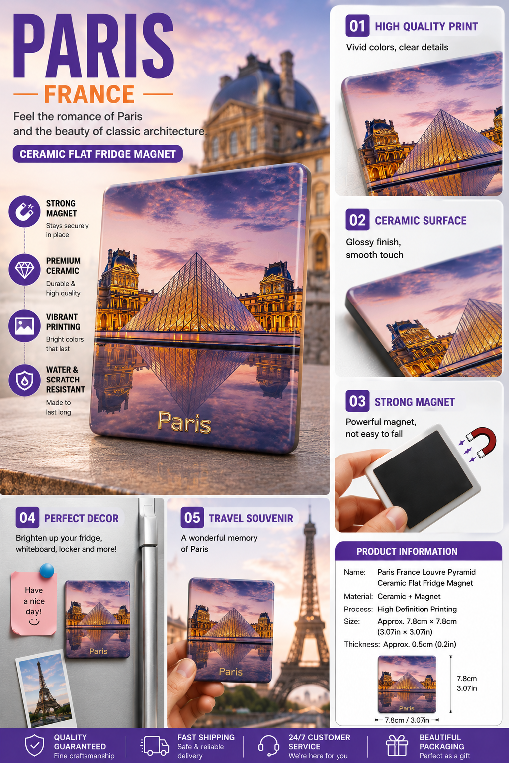 Paris Louvre Pyramid Fridge Magnet – France Ceramic Refrigerator Magnet | Romantic Paris Travel Souvenir & European Home Decor Gift