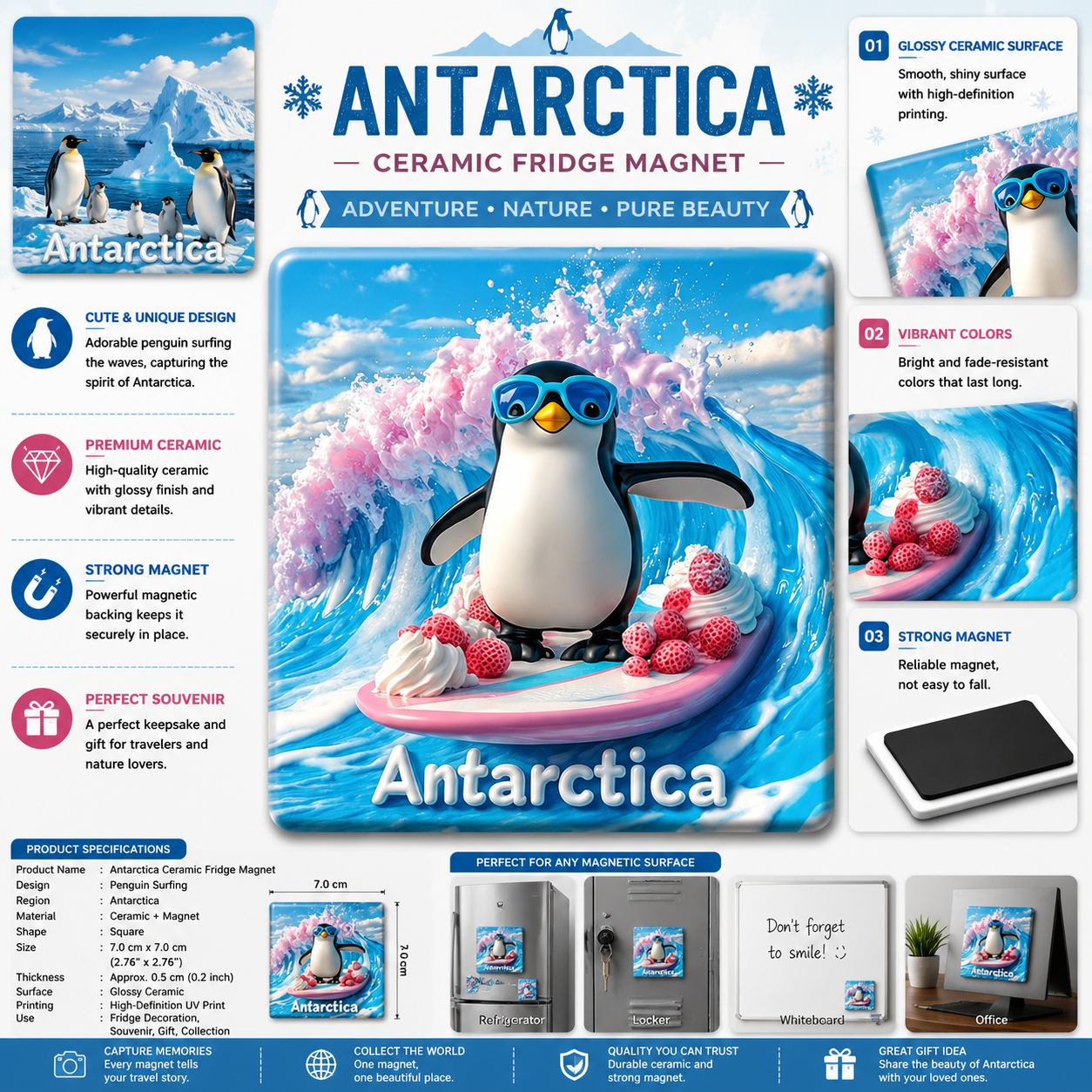 Antarctica Penguin Surf Ceramic Fridge Magnet
