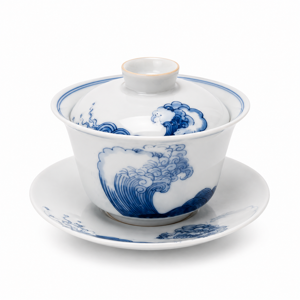Listening to the Sea 120 mL gaiwan with blue ocean wave design, lid, brewing bowl and matching saucer