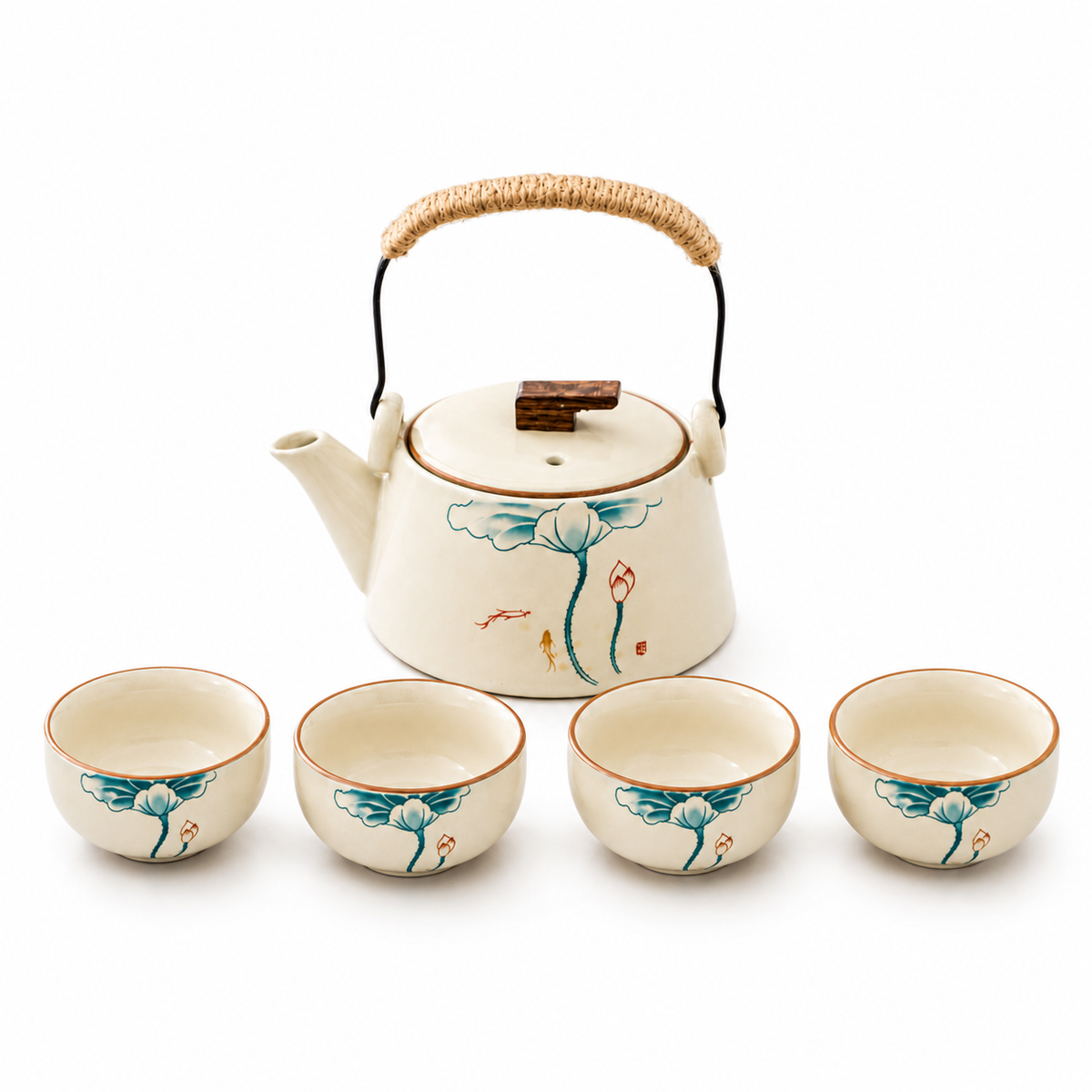 Lotus Blossom Ru Ware tea set with 180 mL wrapped overhead-handle teapot and four matching 45 mL tea cups