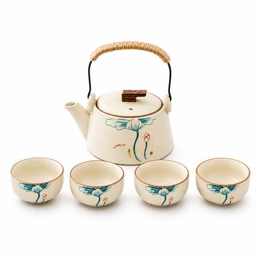 Lotus Blossom Ru Ware tea set with 180 mL wrapped overhead-handle teapot and four matching 45 mL tea cups