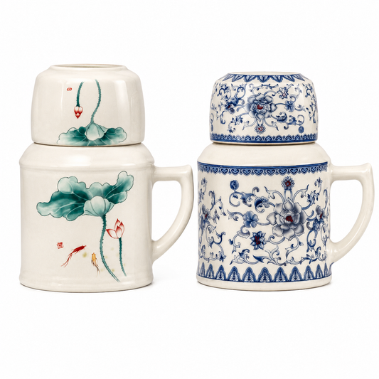 Lotus & Porcelain Elegance Tea Mug Set™ Traditional Chinese Ceramic Tea Mug with Lid