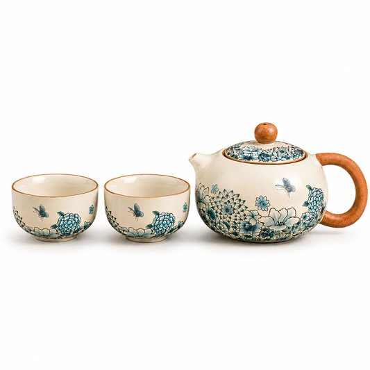 Dunhuang Floral Ceramic Teapot Tea Set™ | Chinese Tea Gift Set with Wooden Handle