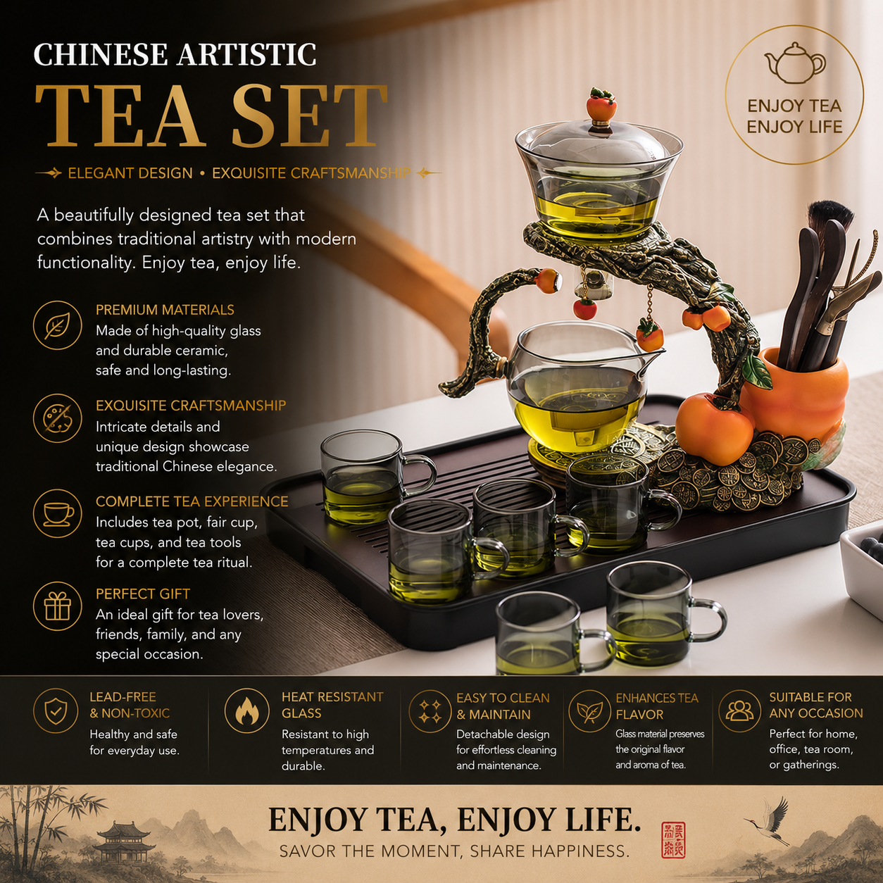 Persimmon Prosperity Glass Tea Ceremony Set | Luxury Automatic Gongfu Tea Set