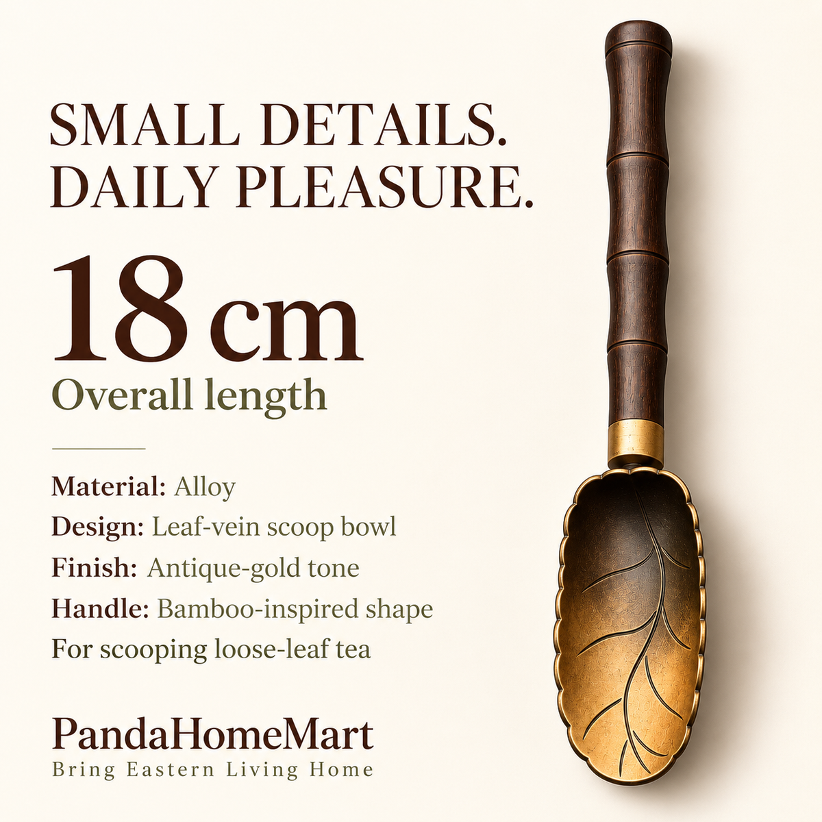 Leaf Vein Tea Scoop with Antique Finish and Bamboo Inspired Handle