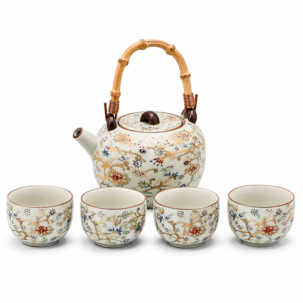 Flourishing Garden ceramic tea set with 230 mL bamboo-handle teapot four 45 mL floral cups and matching dry tea tray