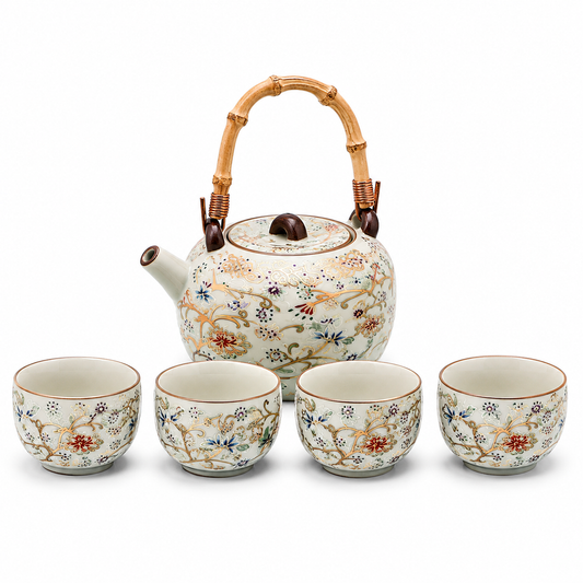 Flourishing Garden ceramic tea set with 230 mL bamboo-handle teapot four 45 mL floral cups and matching dry tea tray
