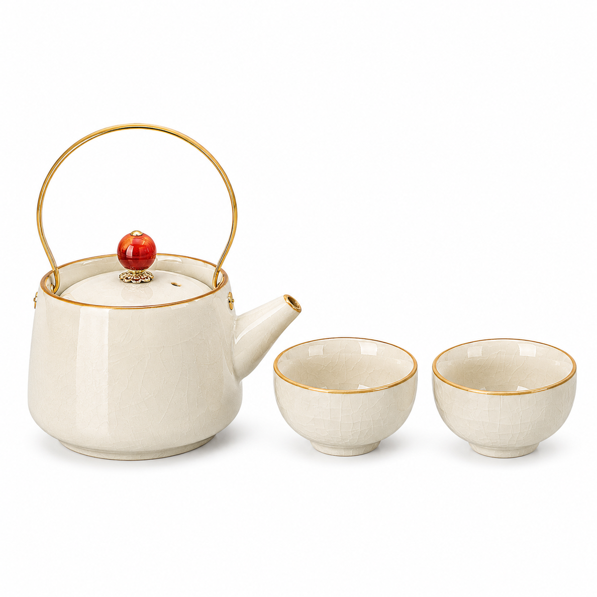 Warm Ivory Ru Ware tea set with 150 mL overhead-handle teapot, red lid finial and two 40 mL matching tea cups