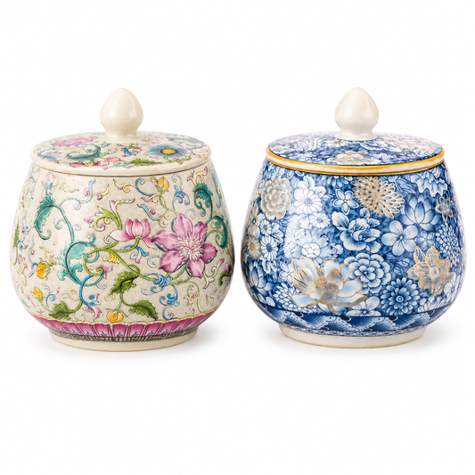 Twin Blossom Tea Storage Jar Gift Set™ Ceramic Tea Caddy Collection with Premium Gift Box