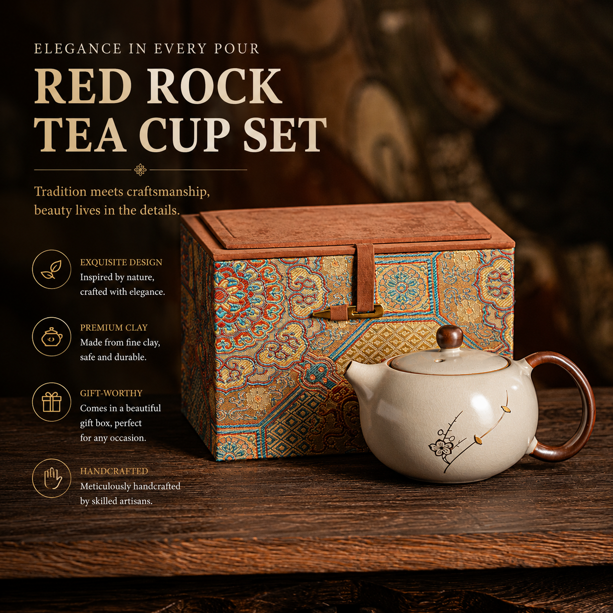 Plum Blossom Ceramic Teapot Gift Set™ – Handmade Tea Pot with Wooden Handle & Luxury Gift Box