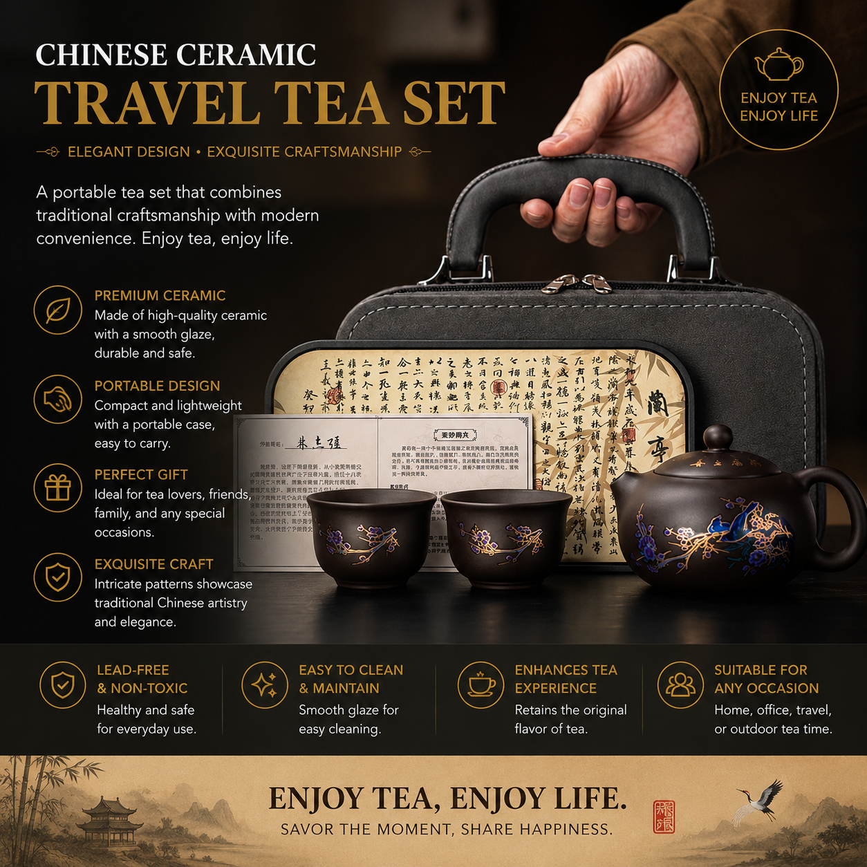 Midnight Plum Blossom Travel Tea Set™ | Portable Chinese Ceramic Tea Gift Set