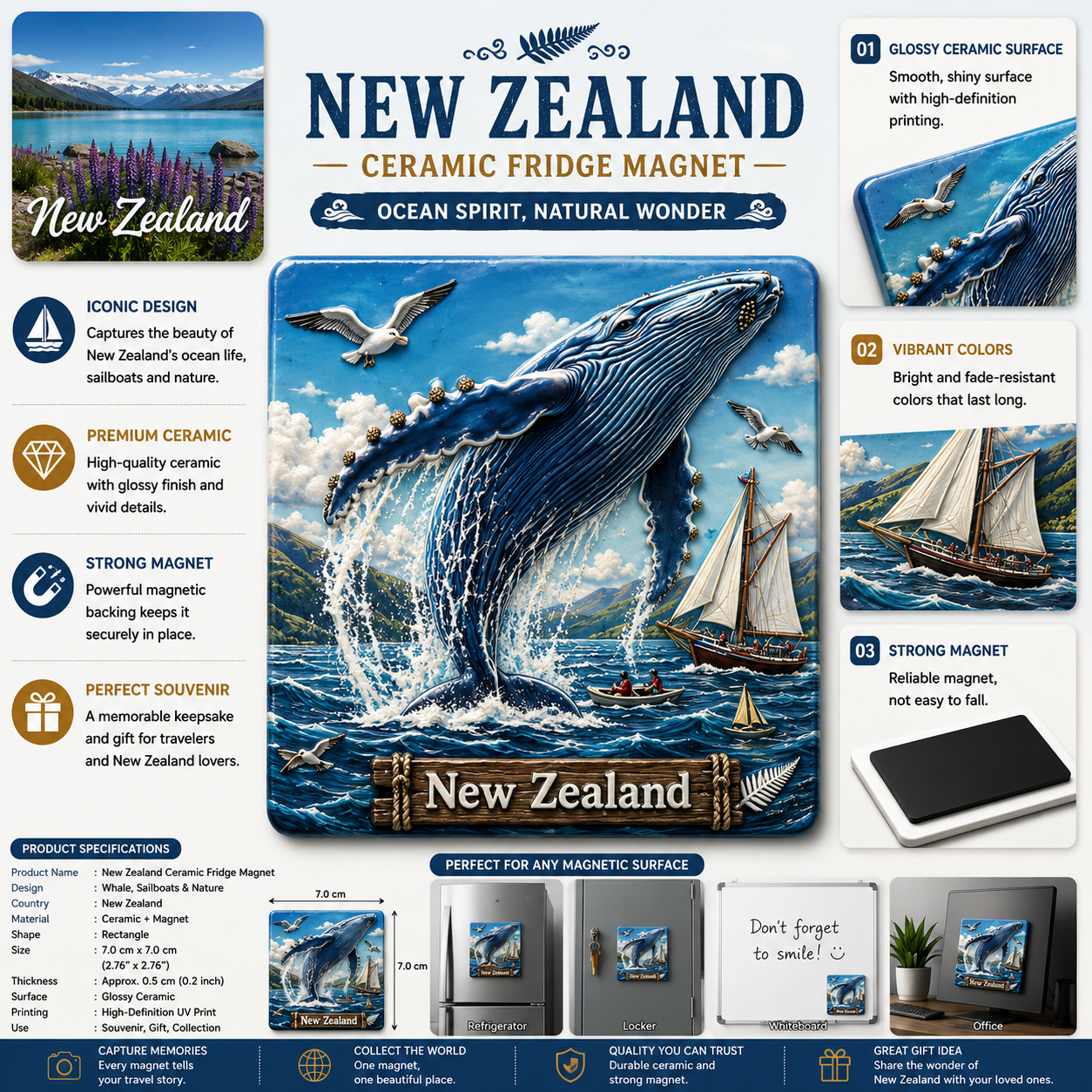 New Zealand Whale Ceramic Fridge Magnet