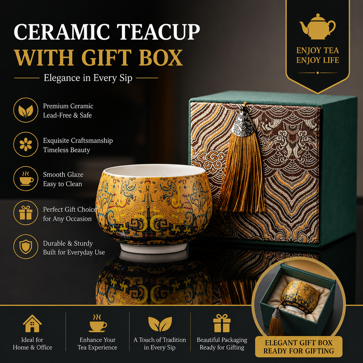 Dunhuang Golden Heritage Tea Cup™ | Luxury Ceramic Tea Cup Gift Set