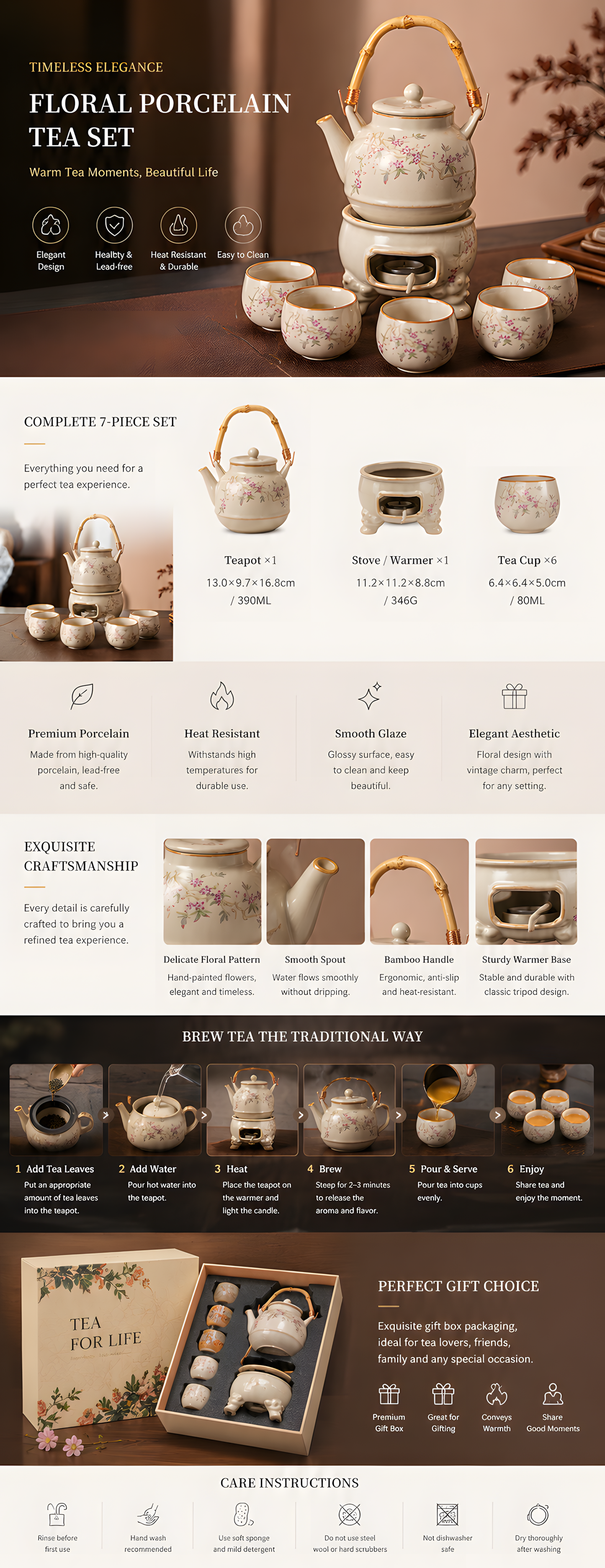 Cherry Blossom Serenity Warming Tea Set™ – Ceramic Teapot Set with Tea Warmer, 6 Cups & Floral Design