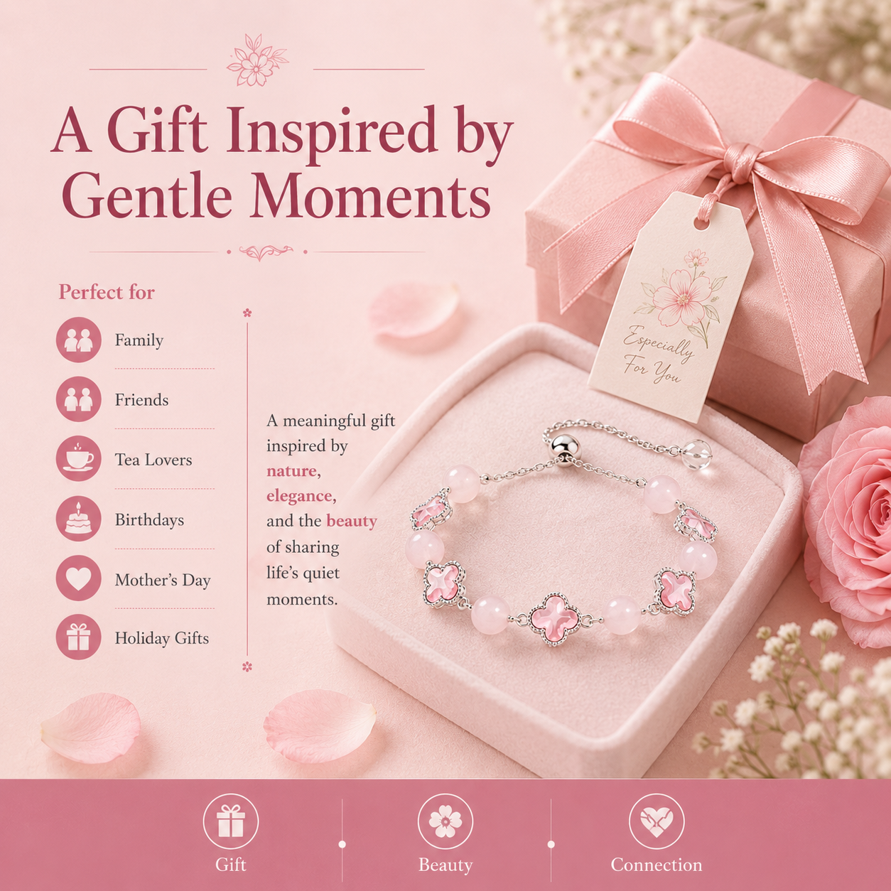 Rose Quartz Four-Leaf Clover Bracelet