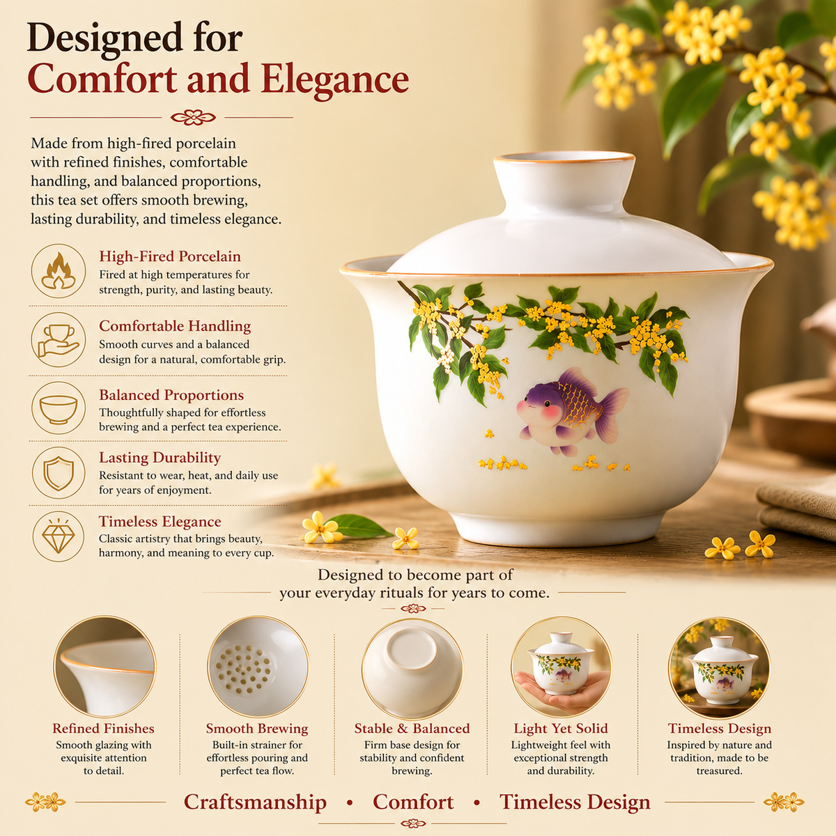 Osmanthus & Lucky Goldfish Porcelain Gaiwan Tea Set™