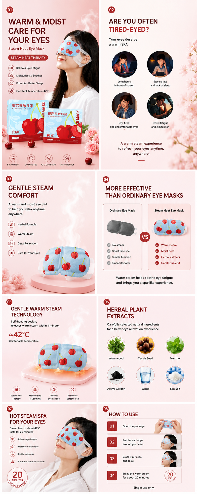 Cherry Wellness Steam Eye Mask Collection – Warm Eye SPA For Relaxation, Emotional Wellness & Bedtime Comfort