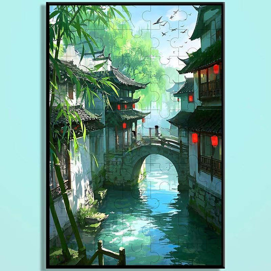 Jiangnan Alley Wooden Puzzle – Chinese Water Town Jigsaw Art, Oriental Healing Landscape Puzzle for Adults & Cozy Home Decor JNXX005