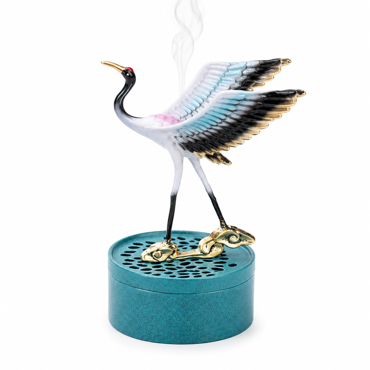 Handcrafted Flying Crane Incense Burner with elegant crane sculpture on a ceramic base, symbolizing peace and longevity for meditation, tea ceremonies, and Zen home décor.