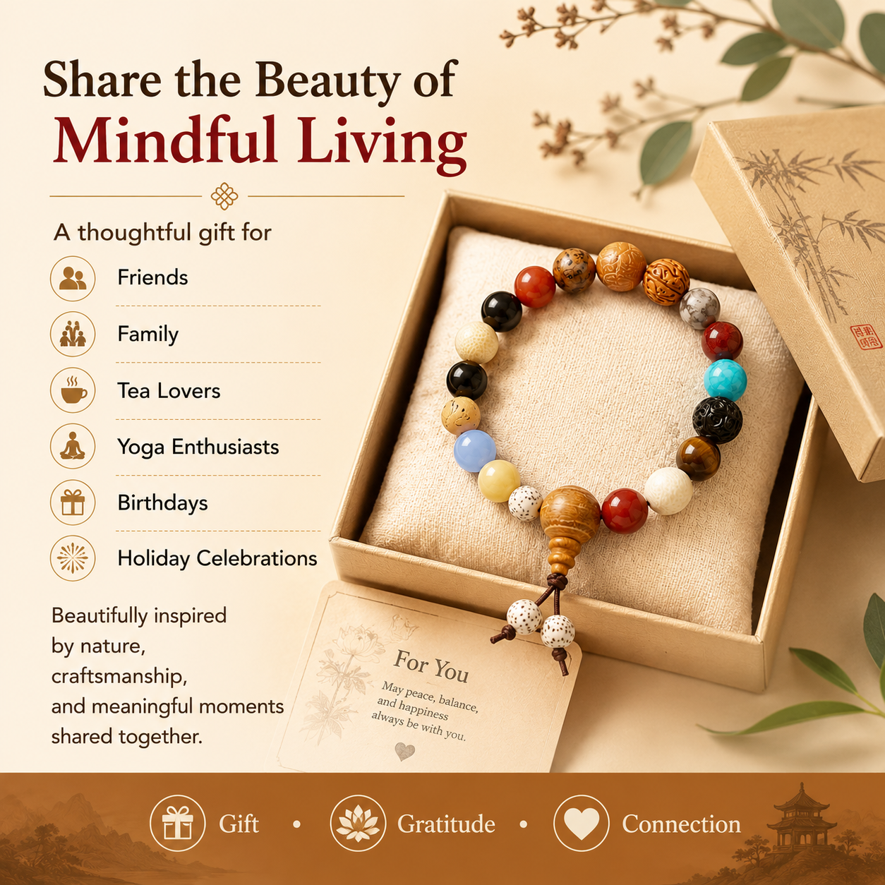 Natural Bodhi Seed Bracelet with Wood &amp; Gemstone Accents