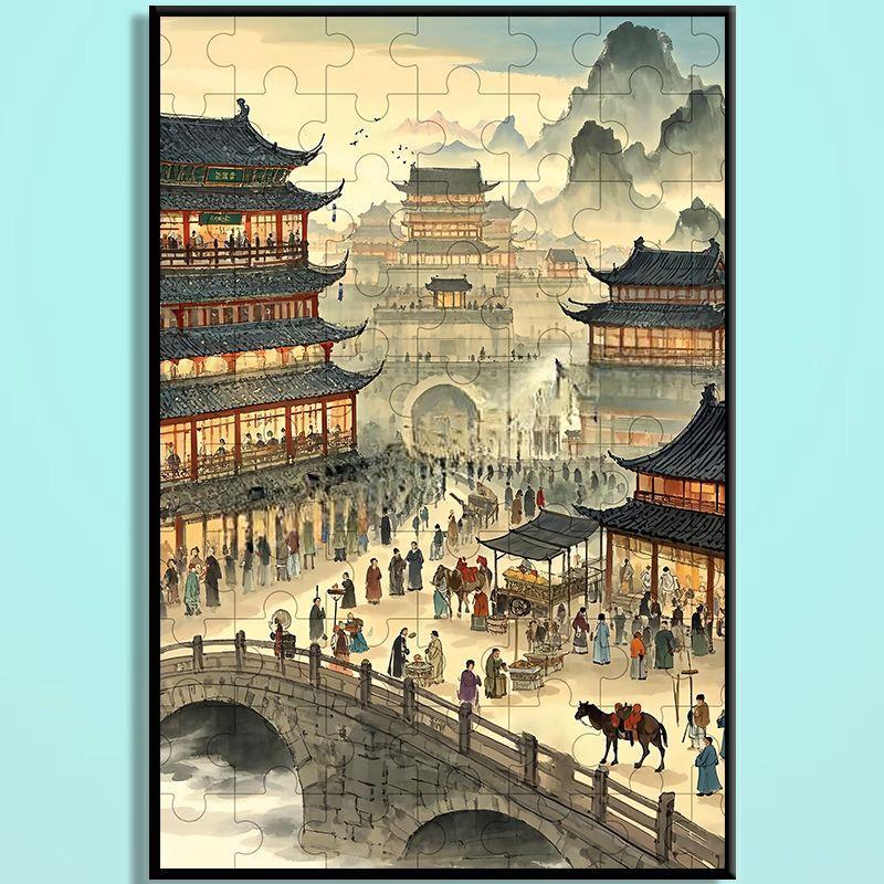 Tang Dynasty Chinese Wooden Jigsaw Puzzle – Ancient Chinese Cityscape Puzzle, Guochao Art Puzzle, Premium Wooden Wall Decor For Adults