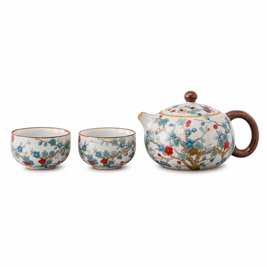 Plum Blossom Ru Ware tea set with 200 mL teapot and two 55 mL tea cups for an Eastern-inspired tea ritual