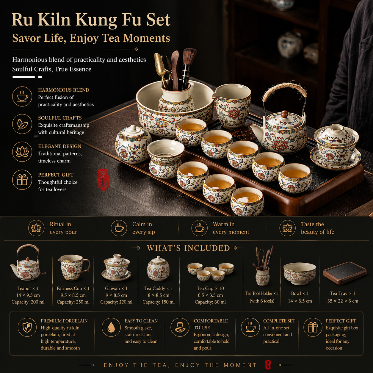 Luxury Chinese Gongfu Tea Set With Gaiwan – Handcrafted Floral Ceramic Tea Ceremony Set For Mindful Living & Tea Lovers