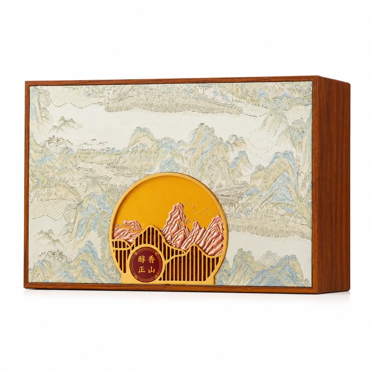Wuyi Da Hong Pao Oolong Tea Gift Set 200 g in landscape-inspired wooden presentation box